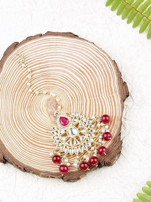 Gold Plated Red Handcrafted Kundan Studded Maang Tika - Trendisia