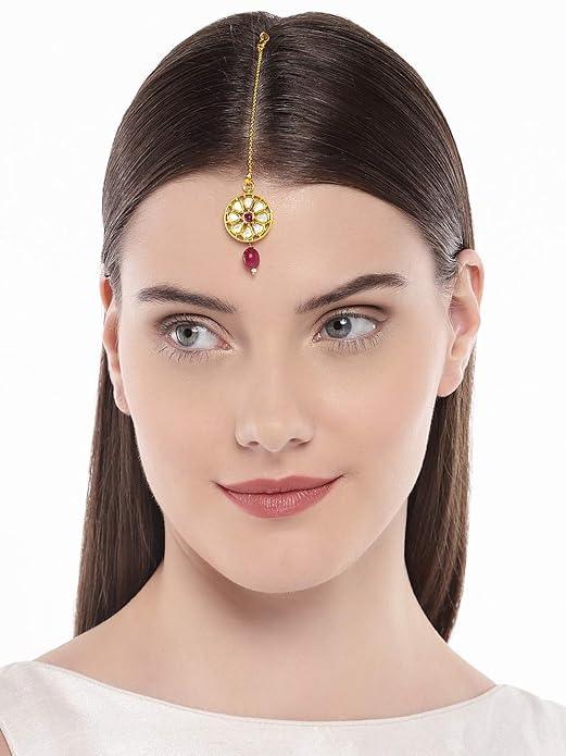 Gold-Plated Red Handcrafted Polki Embellised Jadau Maang Tikka - Trendisia