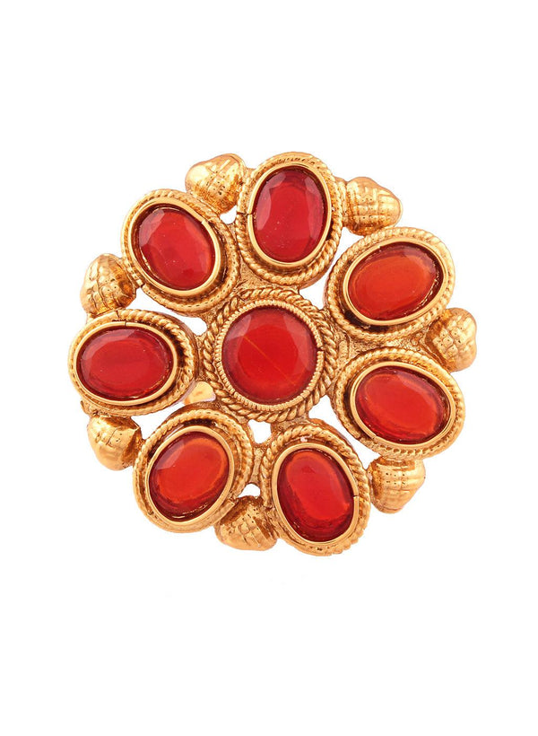 Gold-Plated Red Stone Floral Cocktail Ring - Trendisia