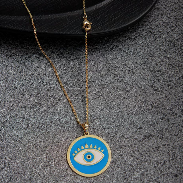 Gold Plated Round Shaped Blue Enamel Evil Eye Protect Lucky Necklace- EVNK 1288 - Trendisia