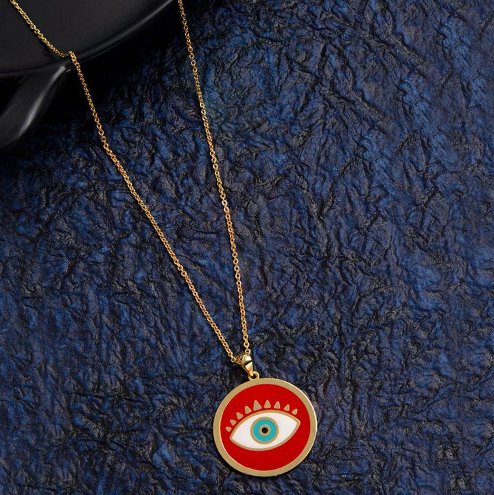 Gold Plated Round Shaped Red Enamel Evil Eye Pendant Protect Lucky Necklace- EVNK 1137 - Trendisia