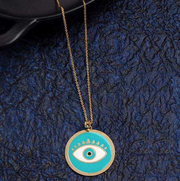 Gold Plated Round Shaped Turquoise Enamel Evil Eye Pendant Protect Lucky Necklace-EVNK 1135 - Trendisia