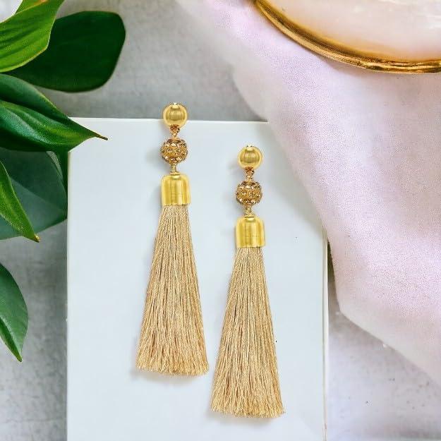 Gold Plated Shamballa Balls Tassle Cubic Zirconia Earrings for Women and Girls - Trendisia
