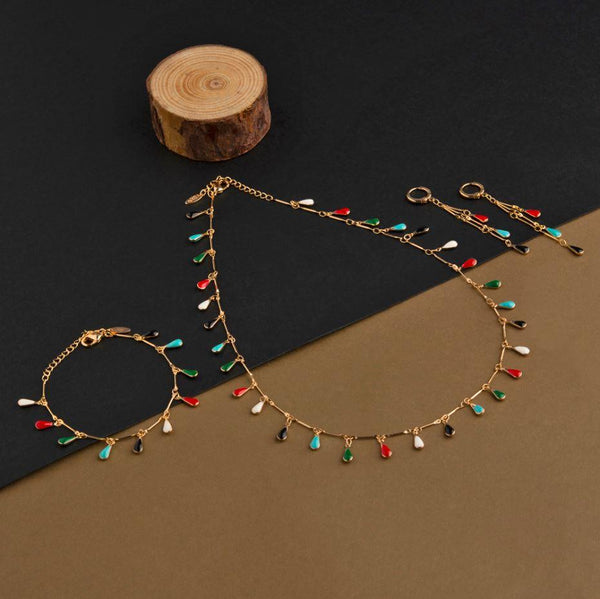 Gold Plated Shanku Shaped Multicolor Enamel Necklace Set With Bracelet- NK 1833 - Trendisia