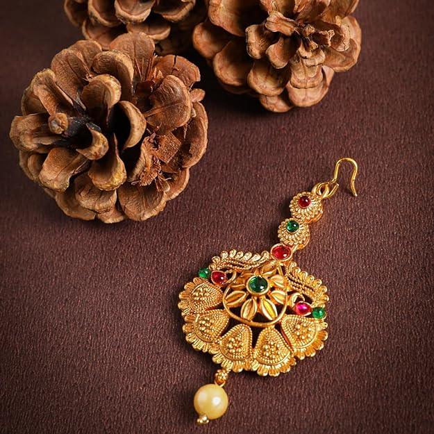 Gold-Plated Stone Floral Maang Tikka - Trendisia