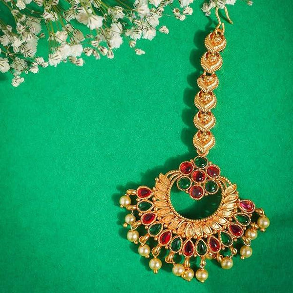 Gold-Plated Stone-Studded Antique Maang Tika - Trendisia