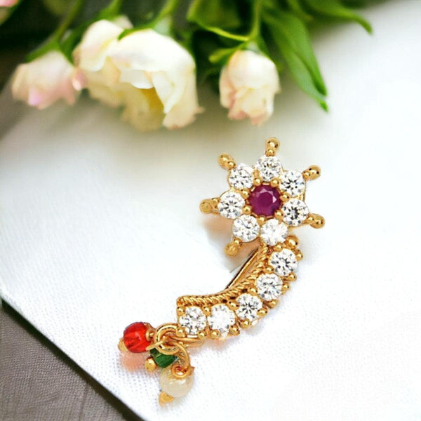 Gold-Plated Stone Studded Beaded Floral Design Nose Pin - Trendisia