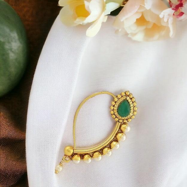 Gold-Plated Stone Studded Beaded Nose Pin - Trendisia