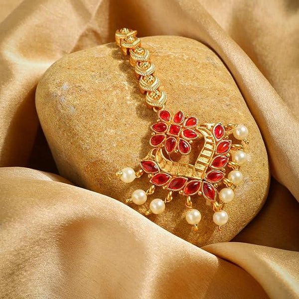 Gold-Plated Stone-Studded Faux Pearls-Beaded Antique Maang Tikka - Trendisia