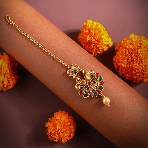 Gold-Plated Stone-Studded Pearl Beaded Floral Maang Tika - Trendisia