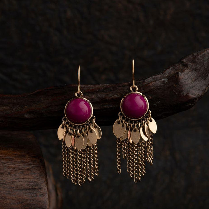 Gold Plated Stone Studded With Hanging Chain &amp; Charms Fashion Western Earring-WER 1556 - Trendisia