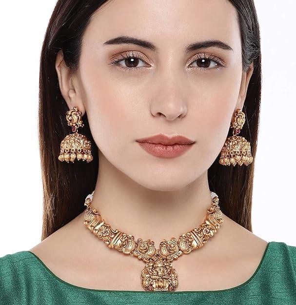 Gold-Plated Temple Laxmi Design Jewellery Set - Trendisia