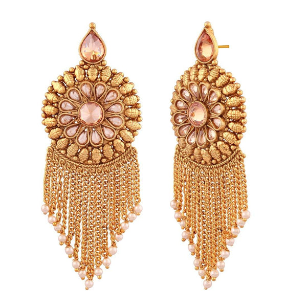Gold Plated Traditional Antique Dangle Earrings with Chain and Pearlsfor Women - Trendisia