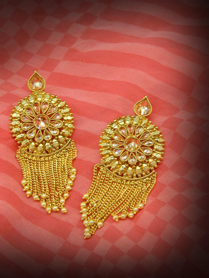 Gold Plated Traditional Antique Dangle Earrings with Chain and Pearlsfor Women - Trendisia