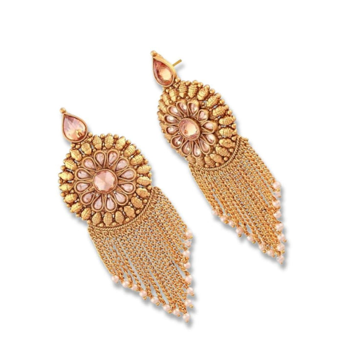 Gold Plated Traditional Antique Dangle Earrings with Chain and Pearlsfor Women - Trendisia