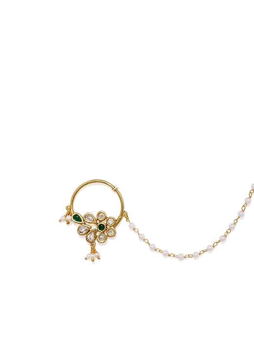 Gold-Plated Handcrafted Kundan Stone-Studded Chained Nose Ring - Trendisia