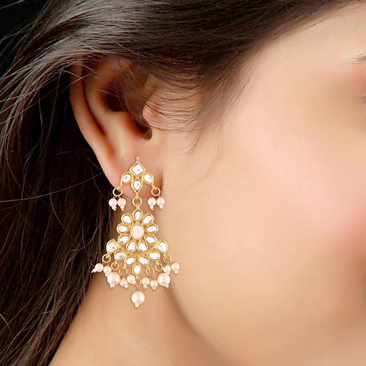 Gold Plated Traditional Kundan Dangler Earrings with Pearls for Women - Trendisia