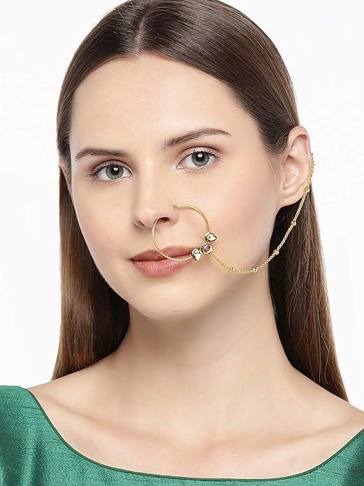 Gold-Plated Handcrafted Kundan Stone-Studded Chained Nose Ring - Trendisia