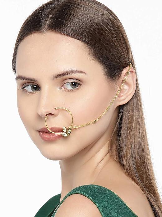 Gold-Plated Handcrafted Kundan Stone-Studded Chained Nose Ring - Trendisia