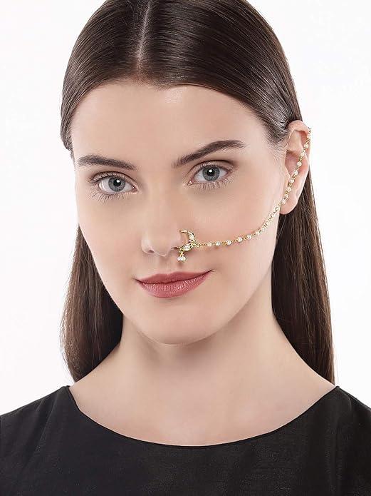 Gold-Plated Vilandi Kundan Stone and Pearl-Studded Chained Nose Ring - Trendisia