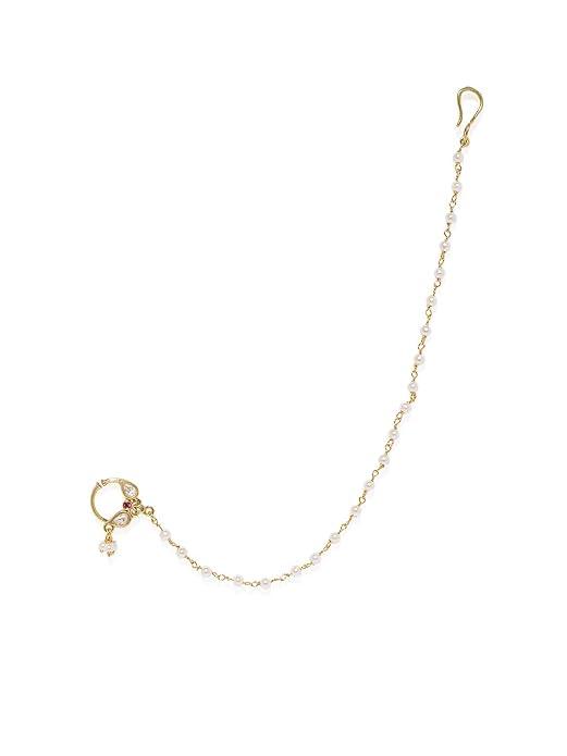 Gold-Plated Vilandi Kundan Stone and Pearl-Studded Chained Nose Ring - Trendisia