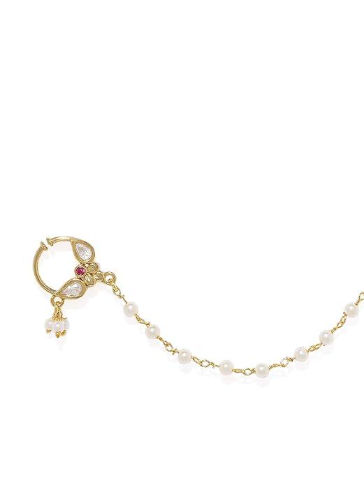 Gold-Plated Vilandi Kundan Stone and Pearl-Studded Chained Nose Ring - Trendisia