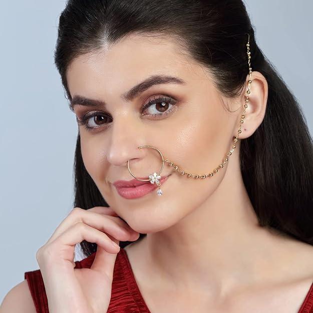 Gold-Plated White AD-Studded Beaded Nose Ring - Trendisia