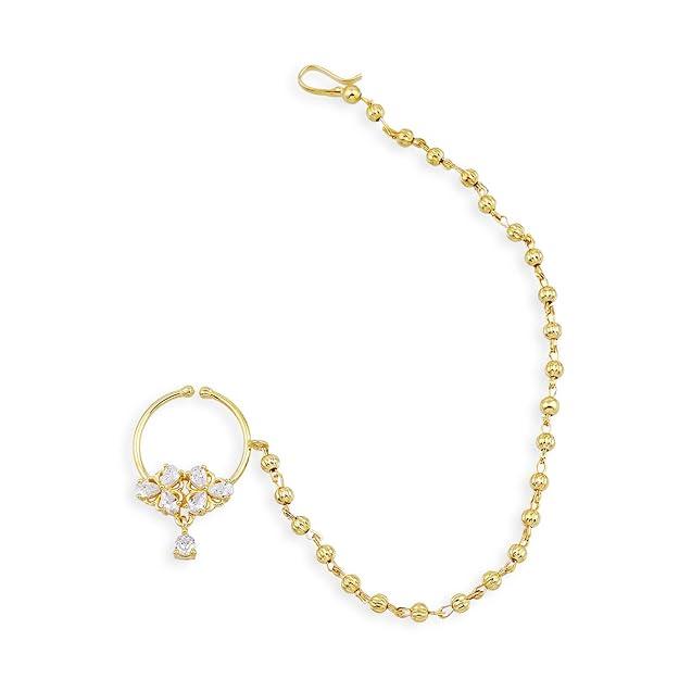 Gold-Plated White AD Studded Chained Nosepin - Trendisia