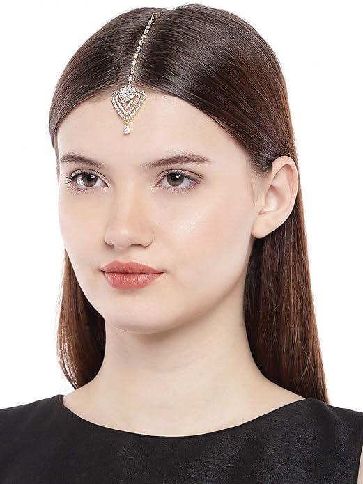 Gold-Plated White American Diamond Studded Maang Tikka - Trendisia