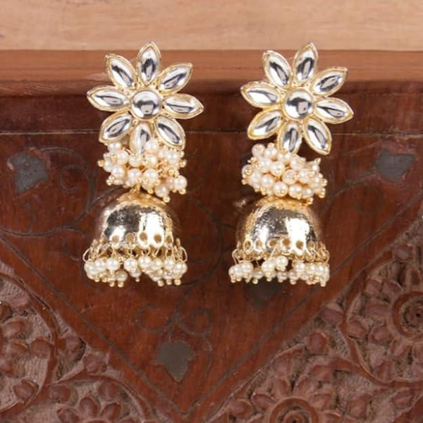 Gold-Plated White Jadau Dome Shaped Jhumkas - Trendisia