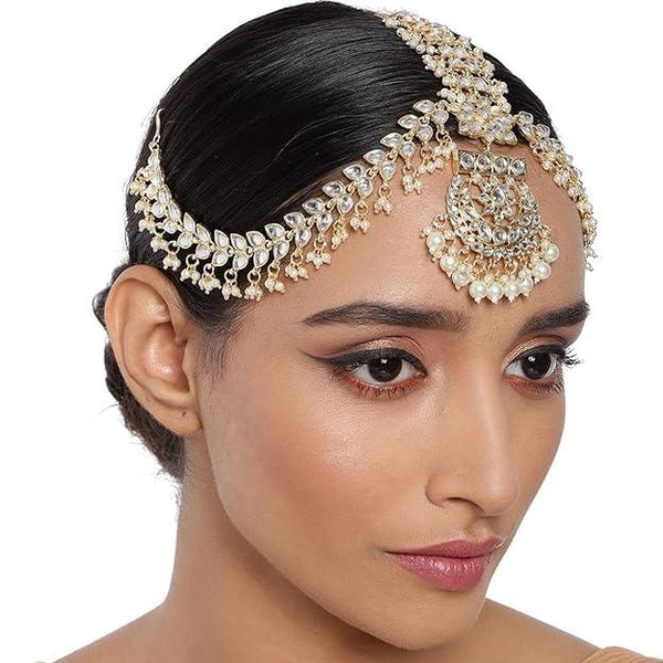 Gold-Plated White Kundan Pearl Studded Handcrafted Matha Patti - Trendisia