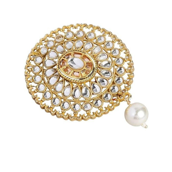 Gold-Plated White Kundan Studded Handcrafted Enamel Brooch - Trendisia