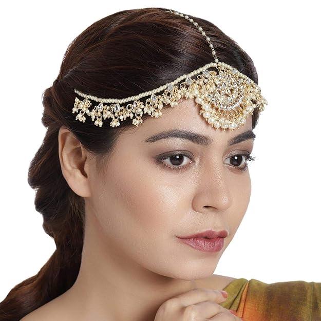 Gold Plated White Kundan Studded Mathapatti - Trendisia