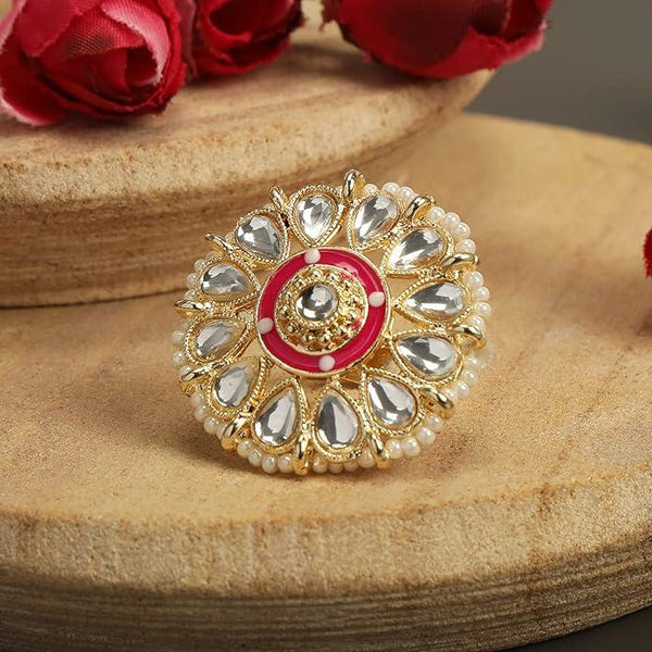 Gold-Plated White Kundan-Studded Pearl Beaded Adjustable Finger Ring - Trendisia