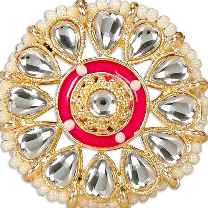 Gold-Plated White Kundan-Studded Pearl Beaded Adjustable Finger Ring - Trendisia