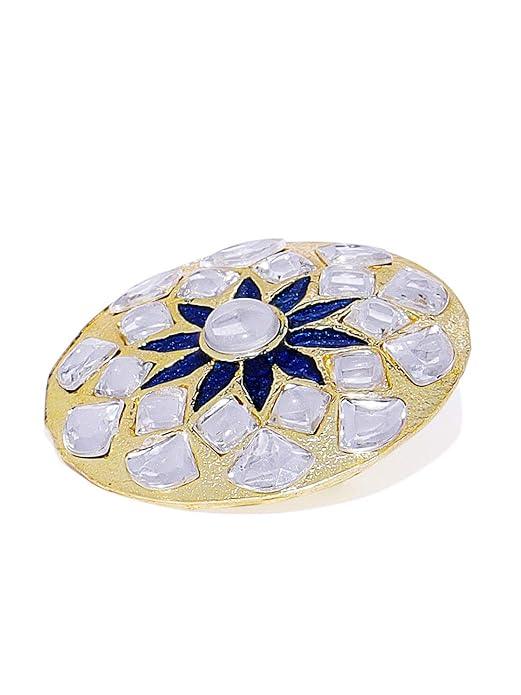 Gold-Plated White Navy Blue Stone-Studded Enameled Brooch - Trendisia
