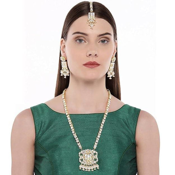 Gold-Plated White Pachi Kundan and Pearl Studded Jadau Jewellery Set - Trendisia