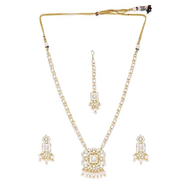 Gold-Plated White Pachi Kundan and Pearl Studded Jadau Jewellery Set - Trendisia