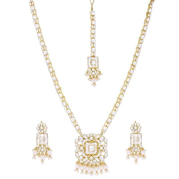 Gold-Plated White Pachi Kundan and Pearl Studded Jadau Jewellery Set - Trendisia