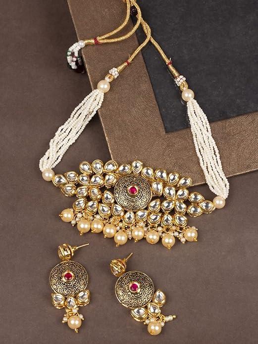 Gold Tone Antique Kundan Jewellery Set Embellished with Pearls - Trendisia