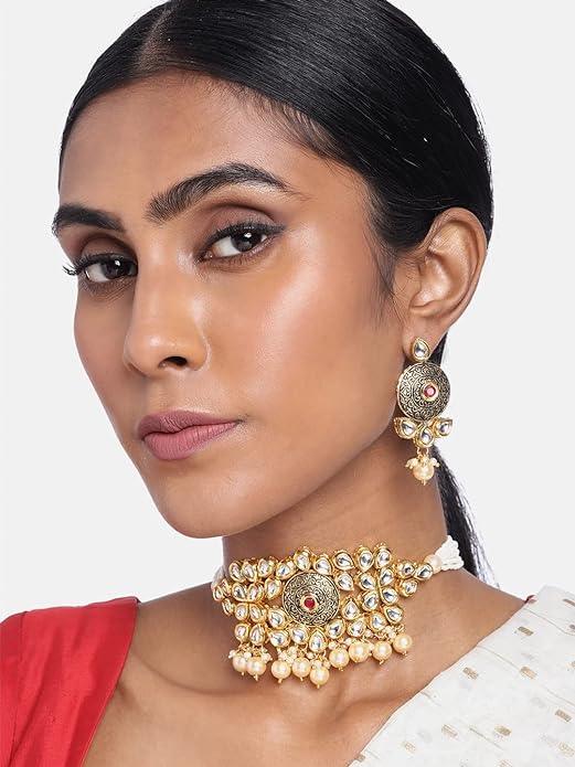 Gold Tone Antique Kundan Jewellery Set Embellished with Pearls - Trendisia