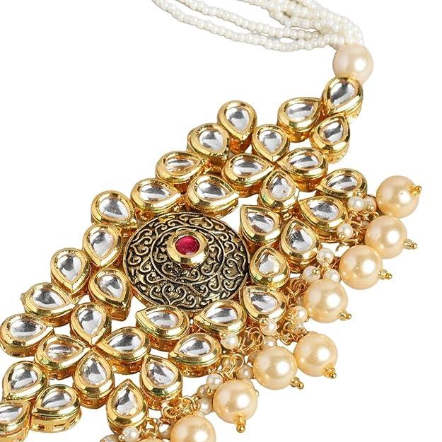 Gold Tone Antique Kundan Jewellery Set Embellished with Pearls - Trendisia