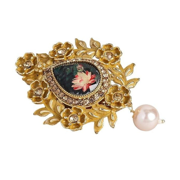Gold-Toned & Green Stone-Studded Handcrafted Enamelled Brooch - Trendisia