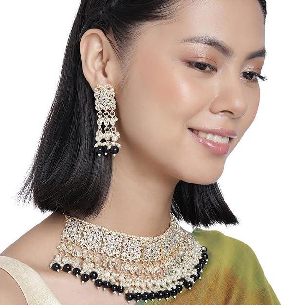 Gold-Toned Black Kundan Studded Enamelled Jewellery Set With Pearls - Trendisia