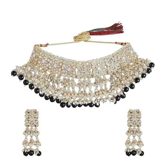 Gold-Toned Black Kundan Studded Enamelled Jewellery Set With Pearls - Trendisia