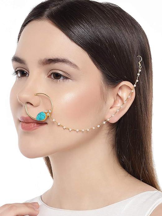 Gold-Toned Blue Nose Ring With Chain - Trendisia
