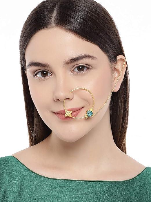 Gold-Toned Blue Stone Nose Ring With Chain - Trendisia