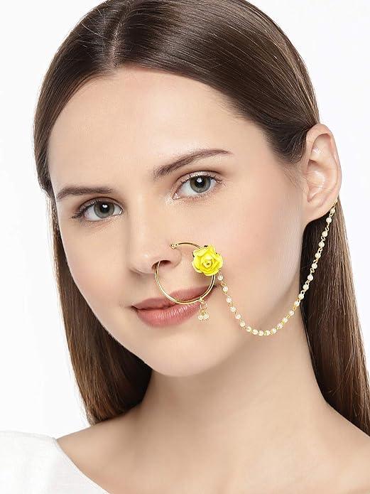 Gold-Toned Enamelled Chained Nose Ring - Trendisia