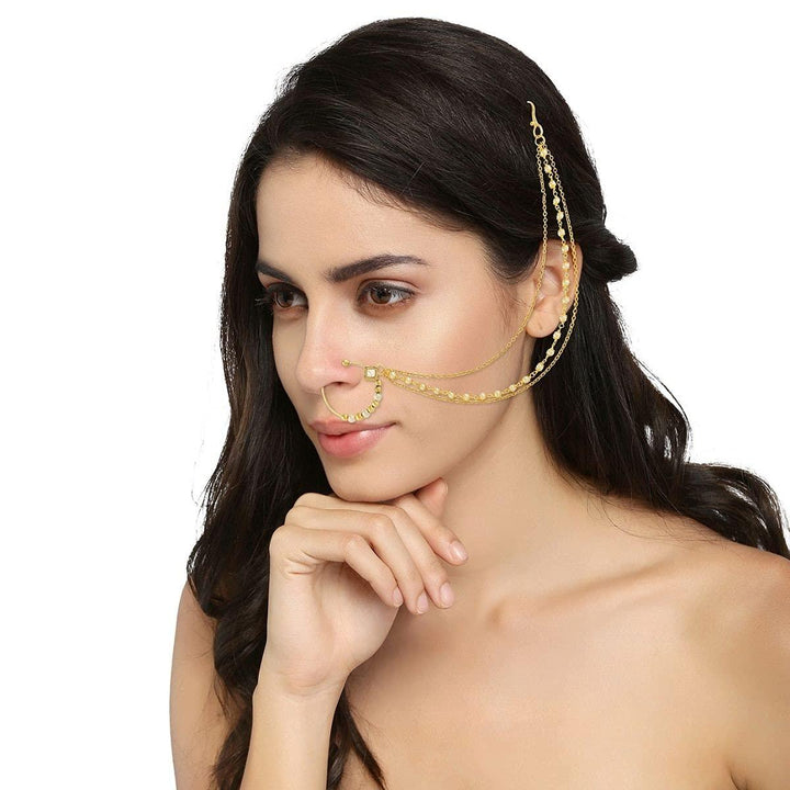 Gold-Toned Handcrafted Faux Ruby Nose Ring With Chain - Trendisia