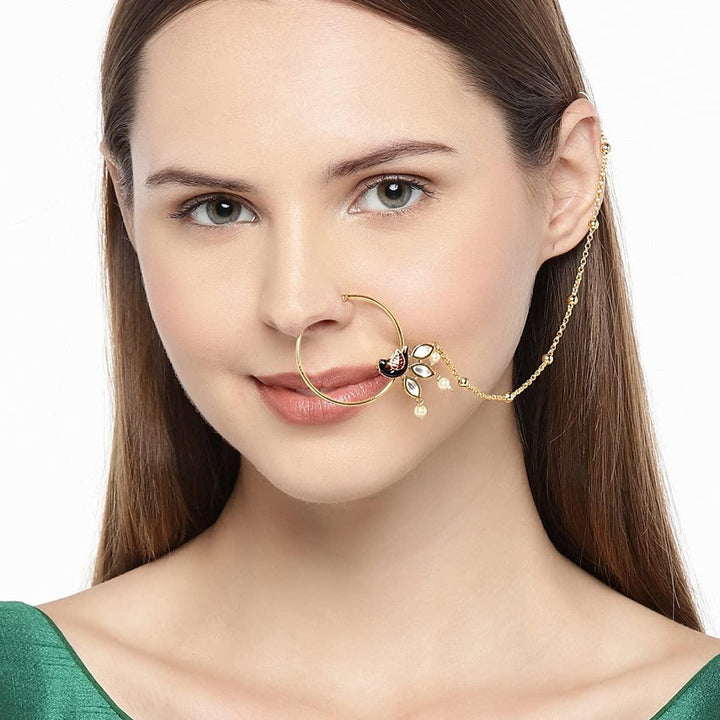 Gold-Toned Handcrafted Faux Ruby Nose Ring With Chain - Trendisia